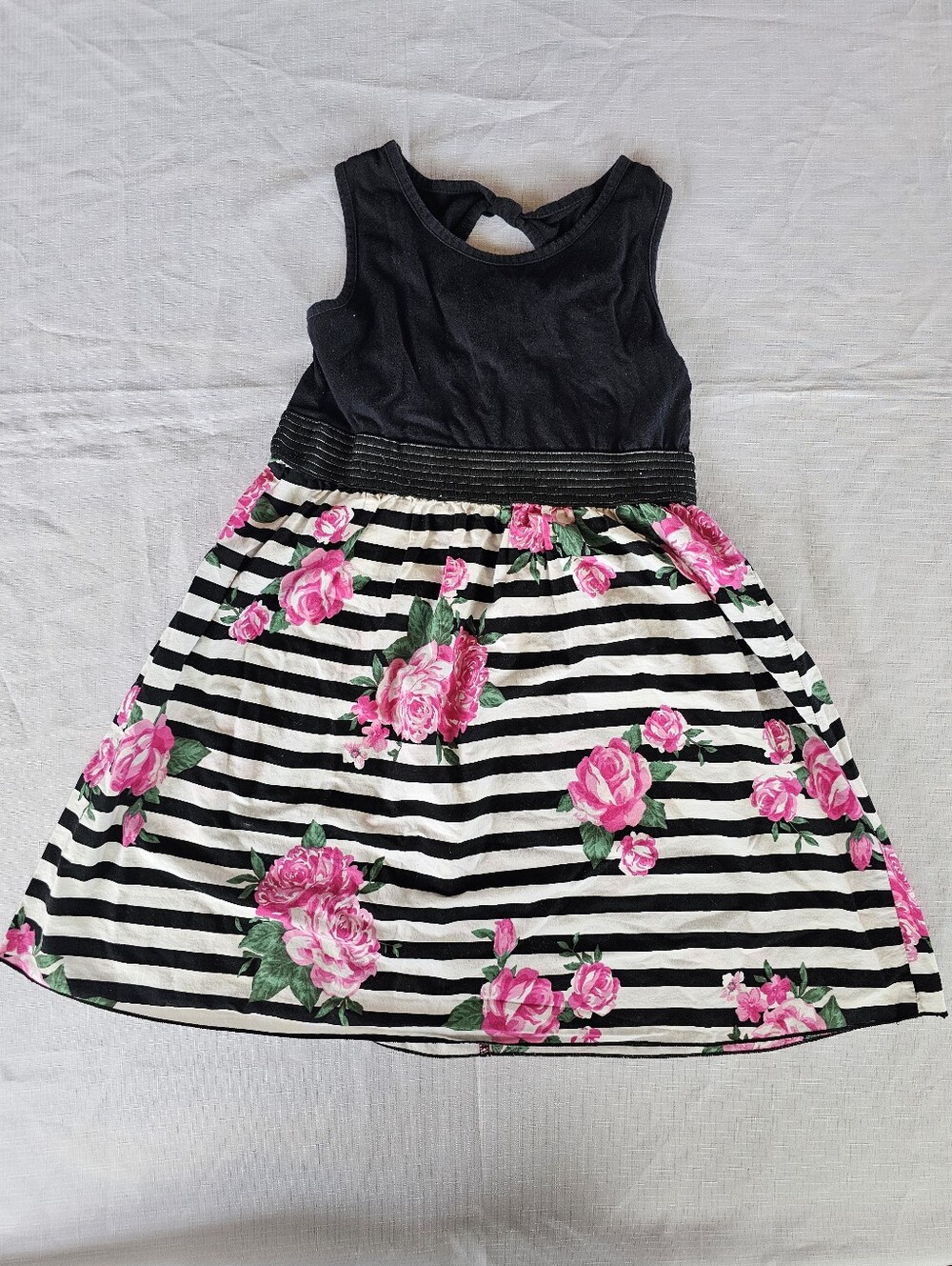 L A Conduct Pink floral, Black & White stripes Sleeveless Summer Dress Girl's L